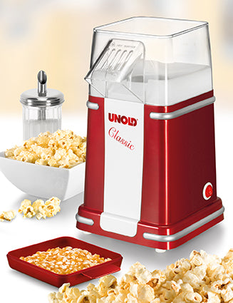 Unold Popcornmaschine Classic 48525 – 100 g, 900 W, Deckel als Messbecher – rot/silber/weiss