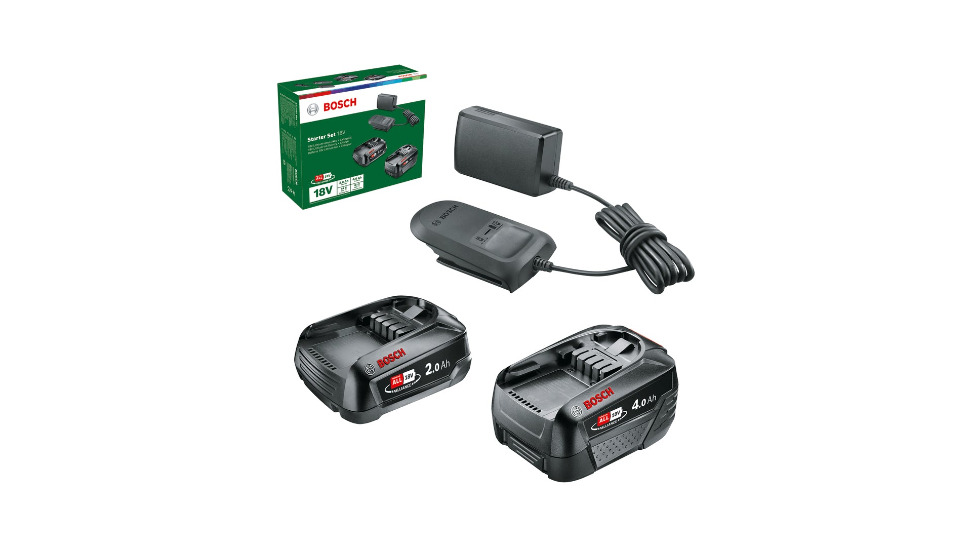 Bosch Akku- & Ladegerät-Set 18 V 2,0/4,0 Ah – 2 Stk – für POWER FOR ALL 18 V