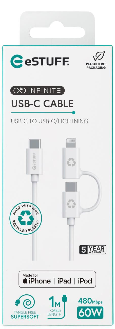 eStuff Multi-Kabel – 2-in-1 USB-C auf USB-C/Lightning 1 m, MFi-zertifiziert, Weiss – für iPhone/Android