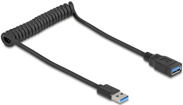 DeLOCK USB-A Verlängerungskabel (Stecker auf Buchse) – USB 3.2 Gen 1 – 0,6 m – Spiralkabel – Schwarz