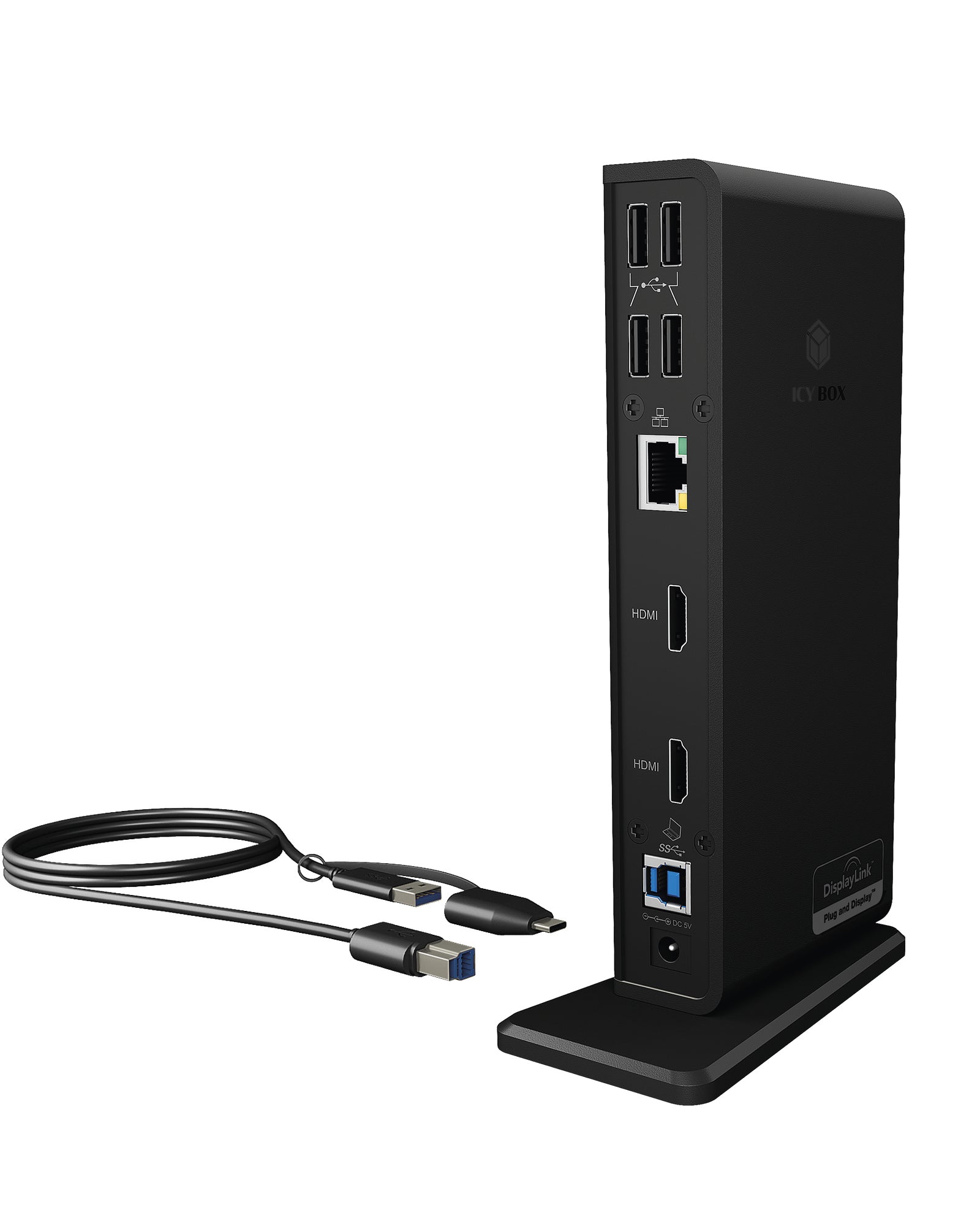 ICY BOX IB-DK2251AC Dockingstation – USB-A, 2× HDMI, 1× USB-C, GbE, 3,5 mm Audio, für Windows/Mac