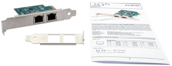EXSYS EX-60102 PCIe Gigabit-Netzwerkkarte – 2× RJ-45, 1 Gbit/s, Low Profile, Realtek RTL8111F – für PC