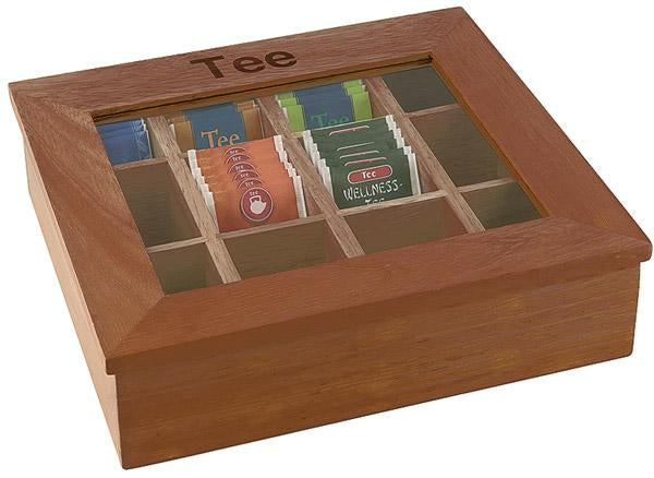 APS-Germany APS – Teebeutelbox Holz/Acryl, 12 Fächer, 31 × 28 × 9 cm, dunkelbraun/transparent