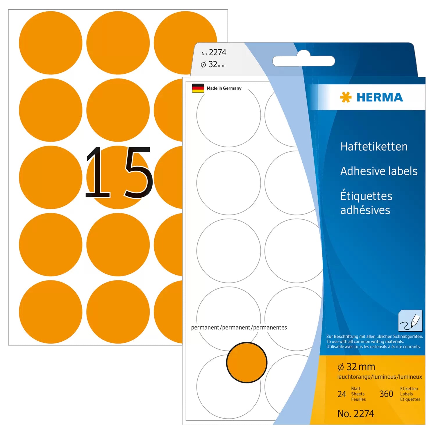 HERMA Schuletiketten – rund Ø 32 mm, permanent haftend, 360 Stk, 24 Bogen