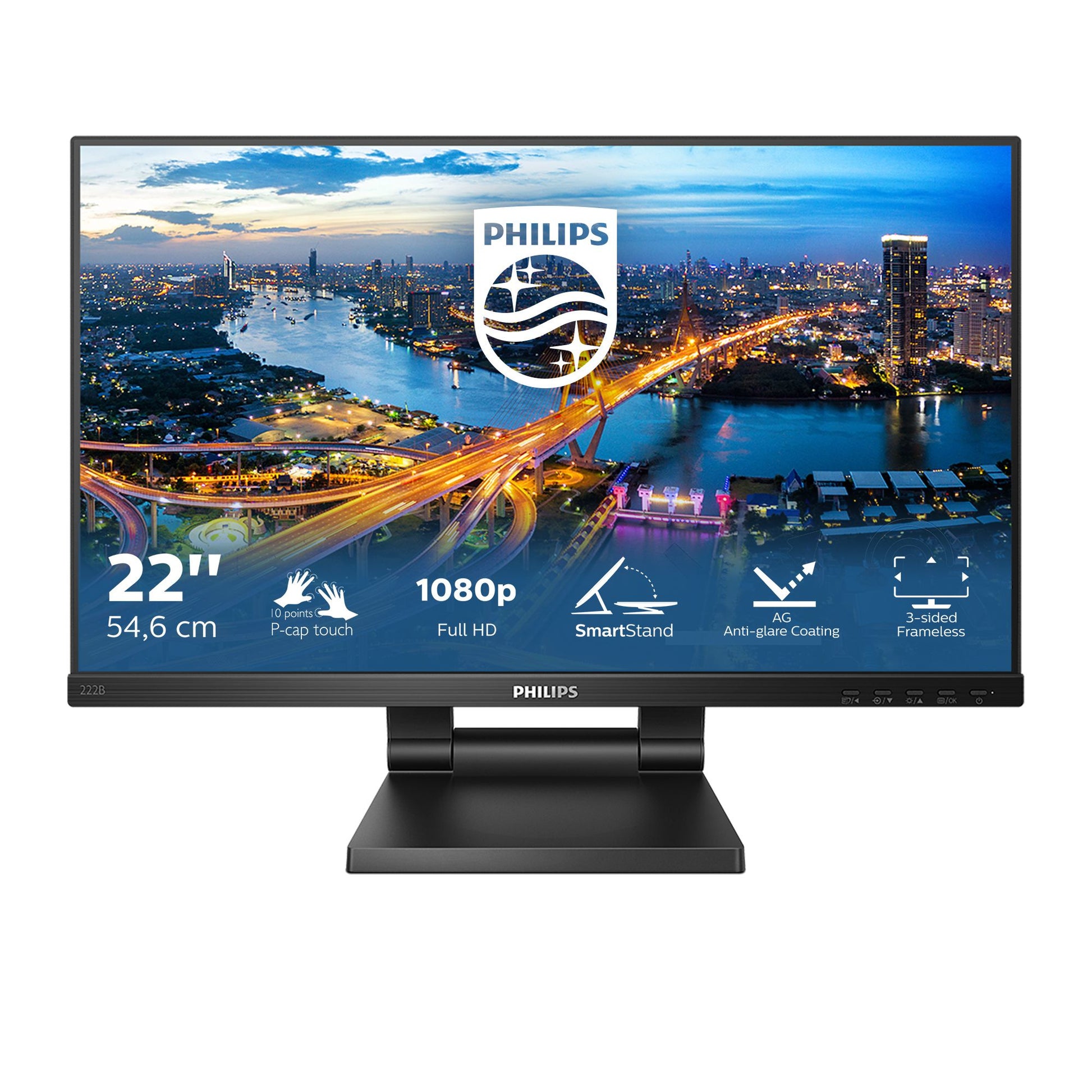 Philips 222B1TC/00 – Monitor, 21,5", IPS, Touch, 75 Hz, 250 cd/m², VESA 100 × 100, Schwarz
