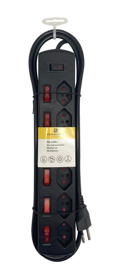 M. Schönenberger Schönenberger Steckdosenleiste – 6× T13, 2 m, mit Schalter, IP20, Schwarz