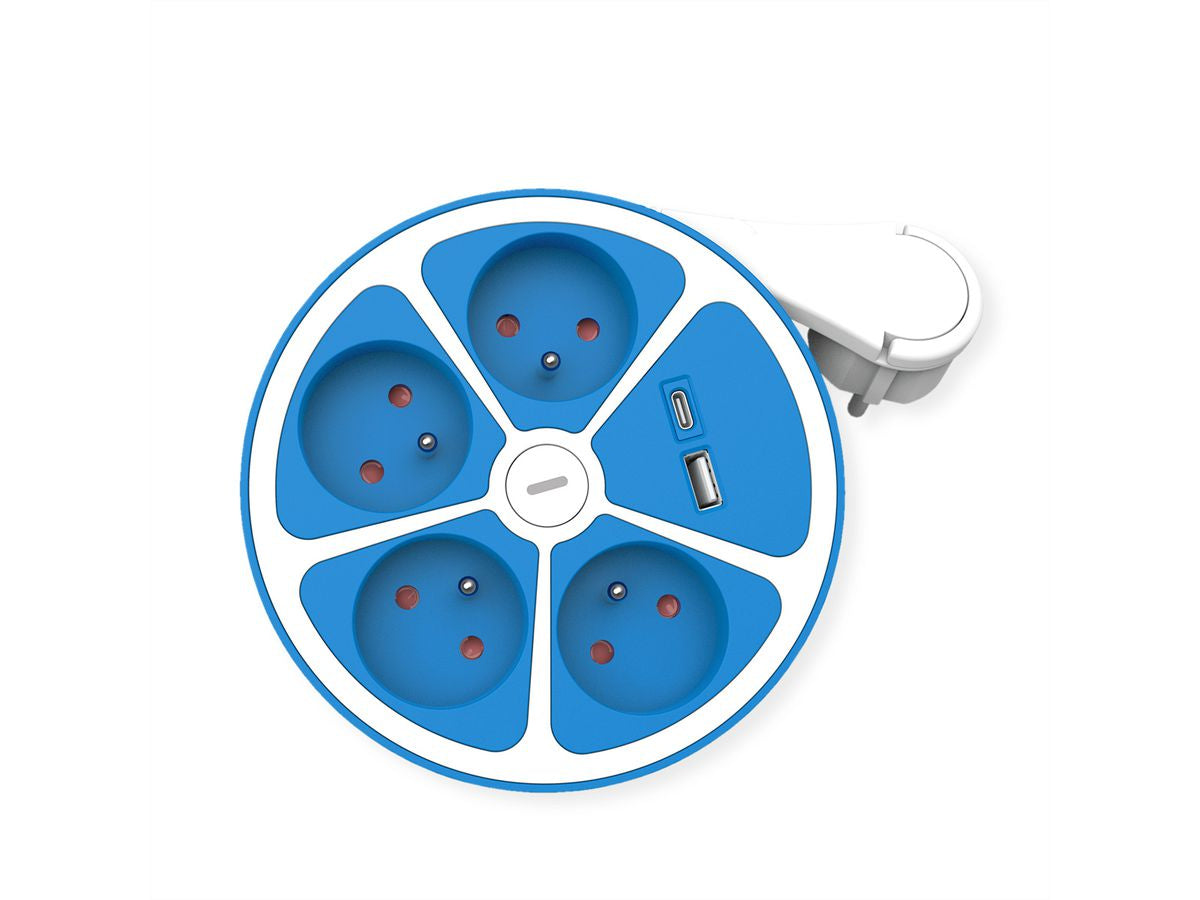 ROLINE Steckdosenleiste – 4× Typ E/F (Schuko), USB‑A/C, 3 m, mit Schalter, Blau