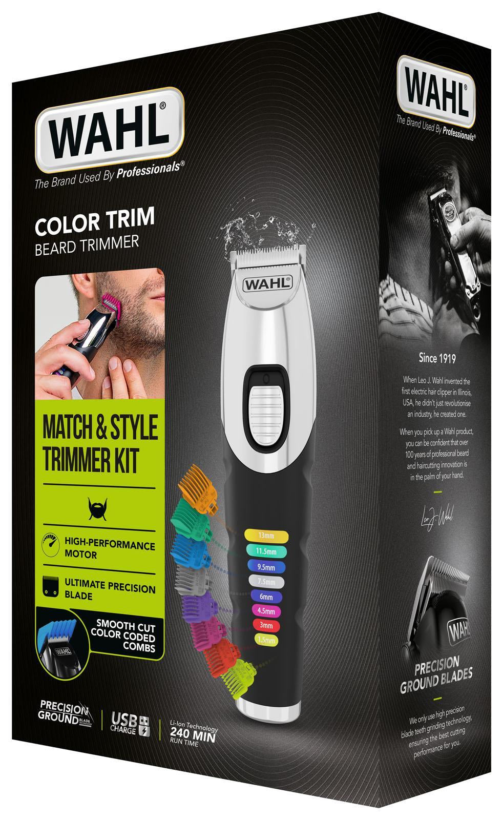 Wahl Barttrimmer Color Trim – Akkubetrieb, 240 min, 0,5–13 mm, 9 Stk, 3 cm Schnittbreite – Schwarz/Silber
