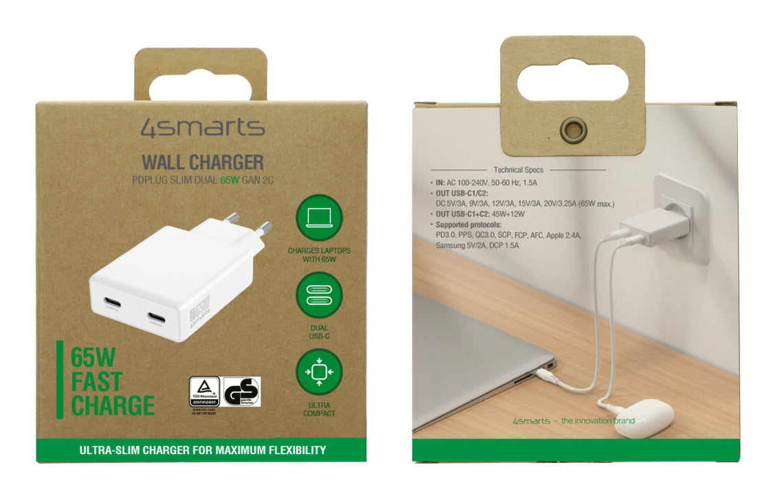 4smarts PDPlug Slim Dual Netzteil – 65 W, 2× USB-C, PD, GaN – für Nintendo Switch, Universal, Laptop u. a.