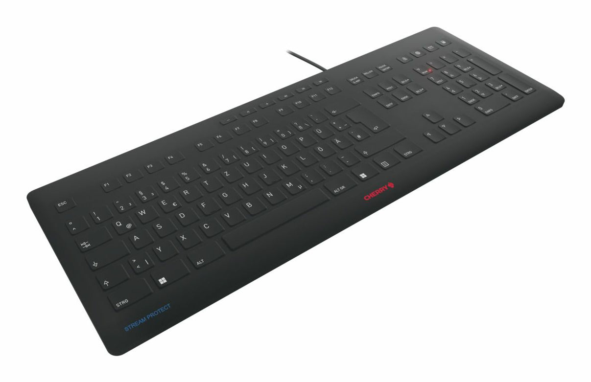 CHERRY STREAM PROTECT – Tastatur – QWERTY (UK) – USB (kabelgebunden), Full-Size, Scherenschalter, Schwarz
