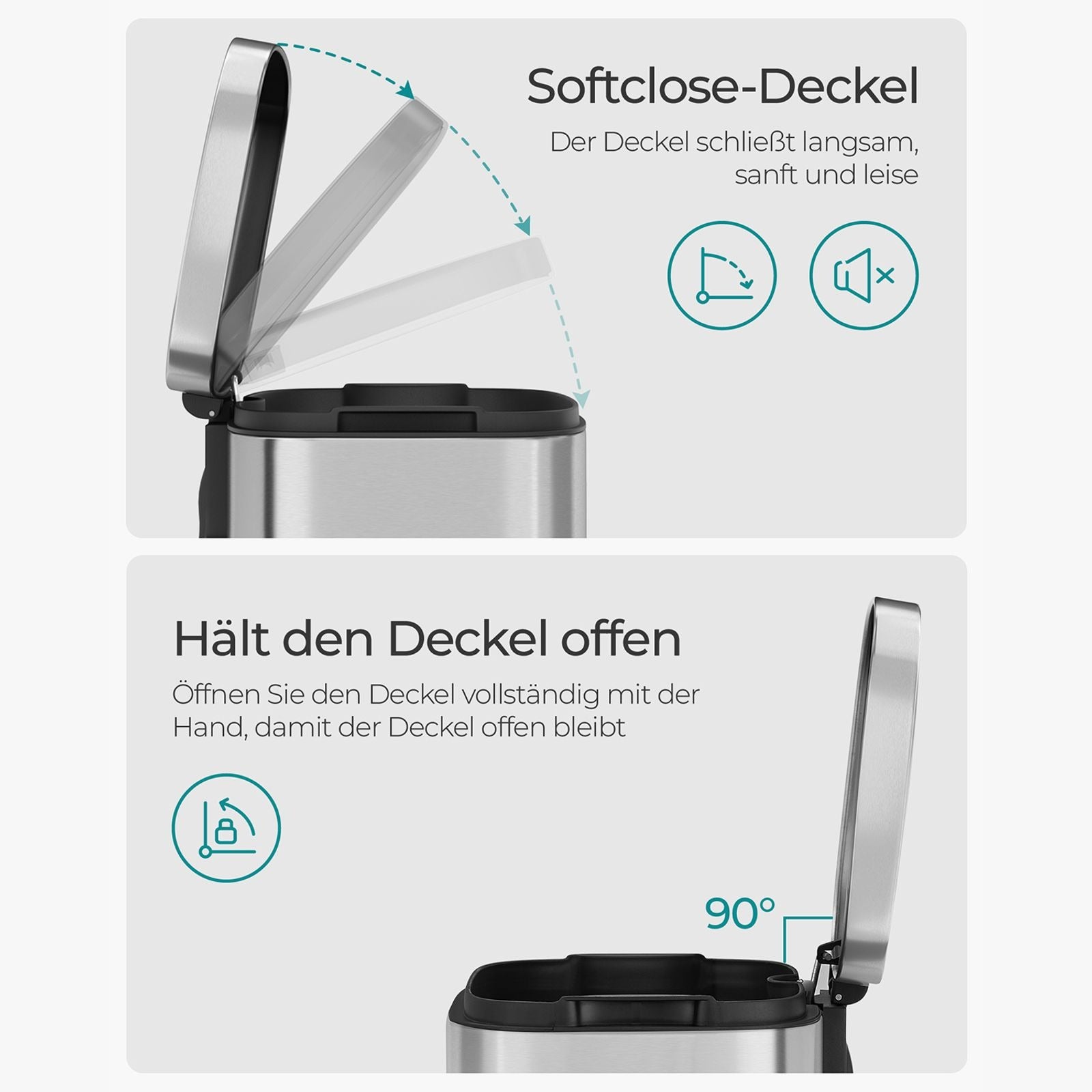 Songmics Papierkorb – 30 l – Stahl, Silber – Ø 350 × H 635 mm