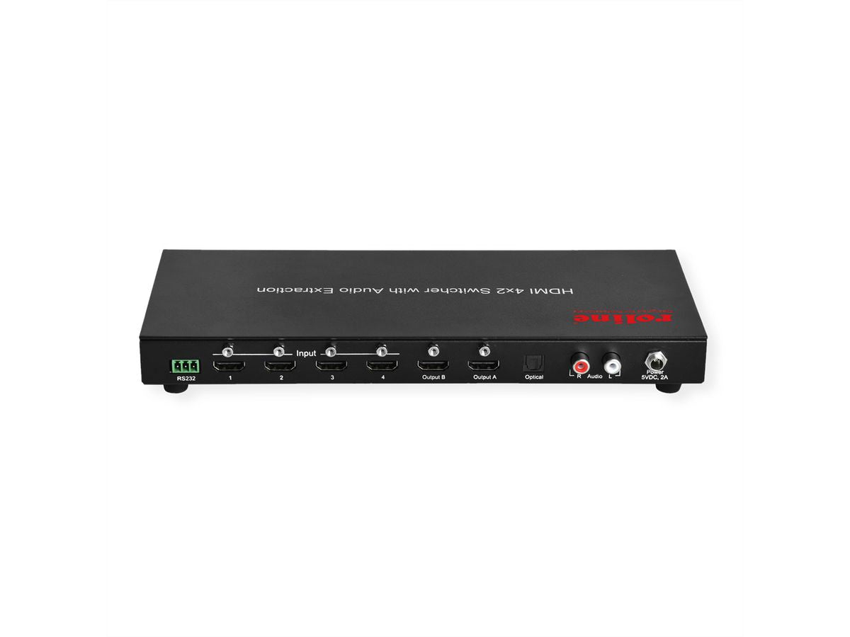ROLINE HDMI Matrix, 4×2, 4K@60 Hz, IR, Toslink & Cinch, HDCP, Schwarz