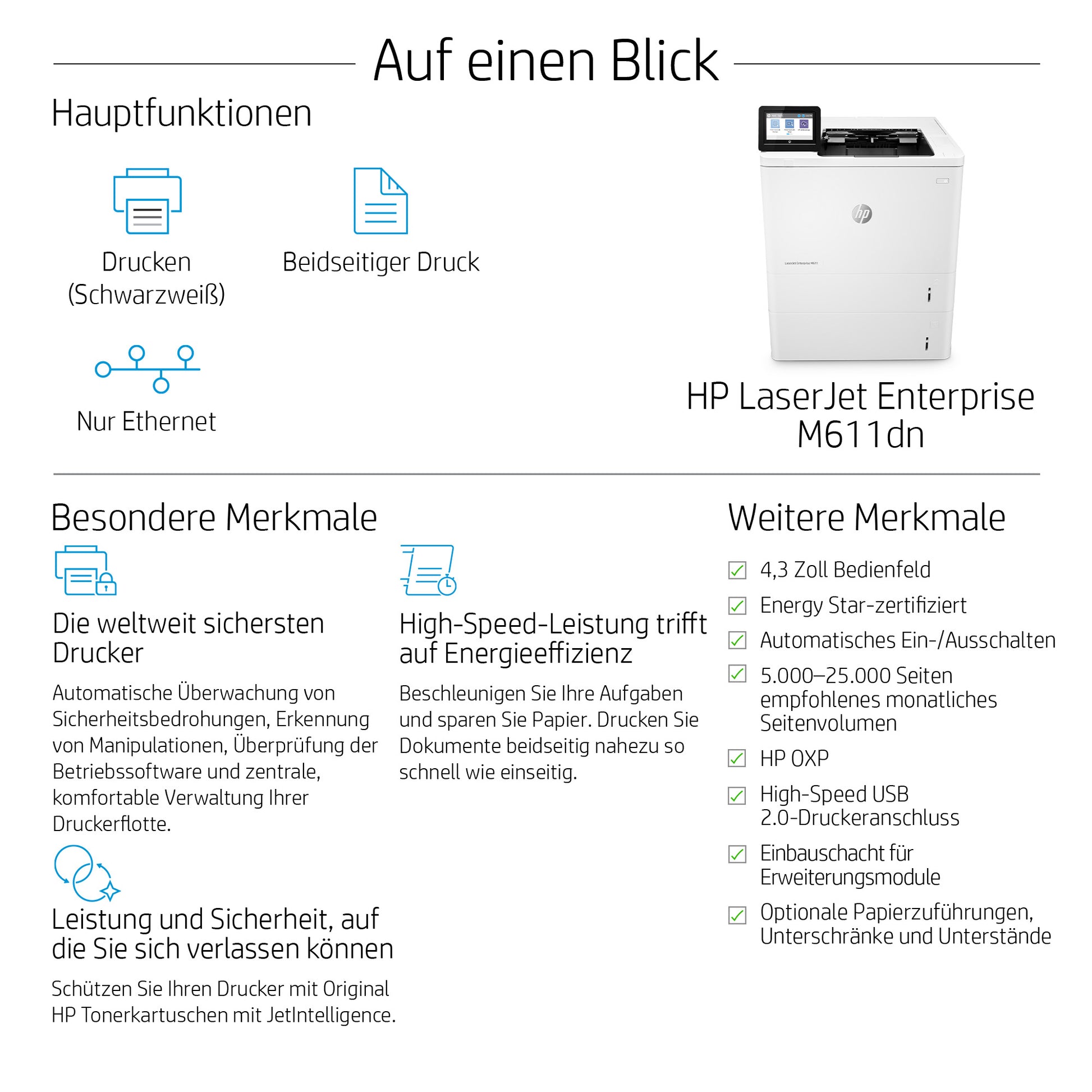 HP LaserJet Enterprise M611dn – A4, S/W, Duplex, 61 S./Min., 1200 × 1200 dpi, WLAN/LAN/USB, Papier: 650 Blatt