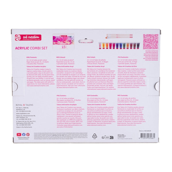 Talens Art Creation – Acrylset – 12 Farben, 12 × 12 ml, seidenglanz, inkl. Pinsel & A4-Block