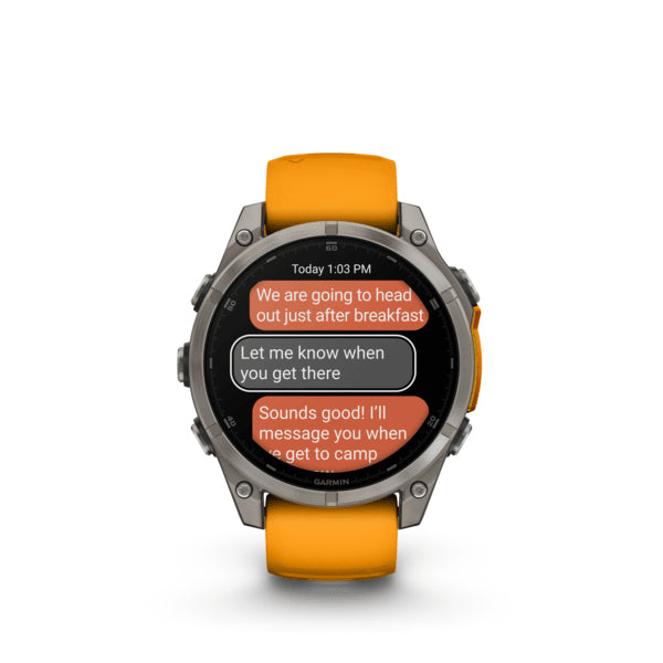 Garmin Fenix 8 – Smartwatch – 47 mm, 1,4" AMOLED, GPS, Saphirglas, 100 m, Silber, Orange Sportarmband