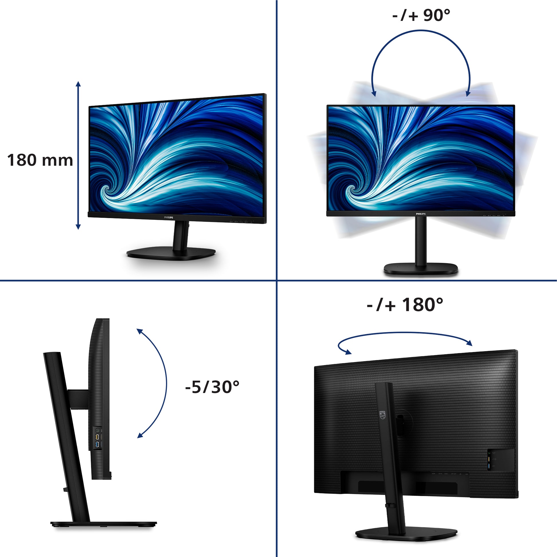 Philips 32B2U3601/00 – Monitor, 32", VESA 100 × 100, Schwarz