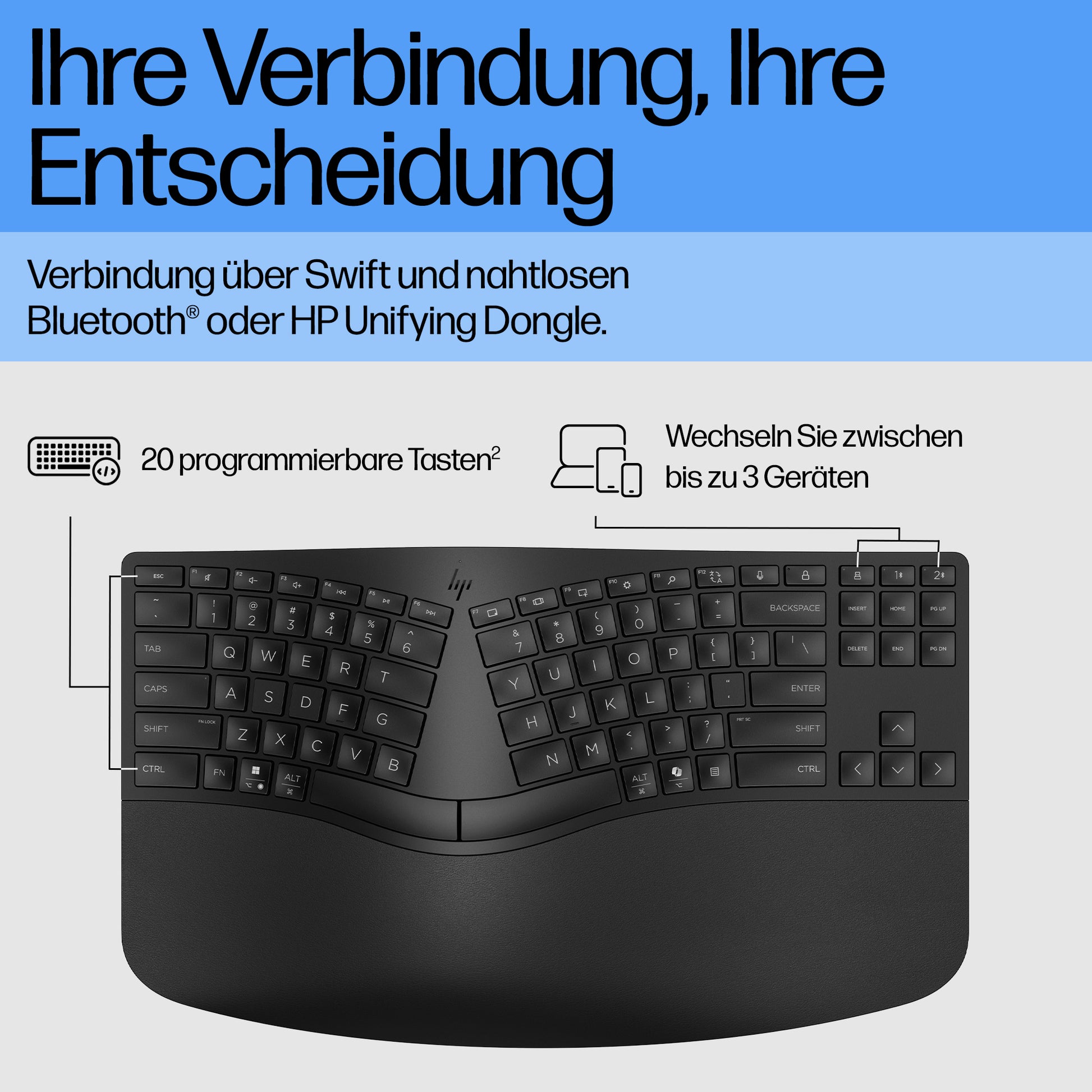 HP 960 – Tastatur, kabellos (Bluetooth/2,4 GHz), Fullsize (mit Ziffernblock) – für Windows, macOS & ChromeOS