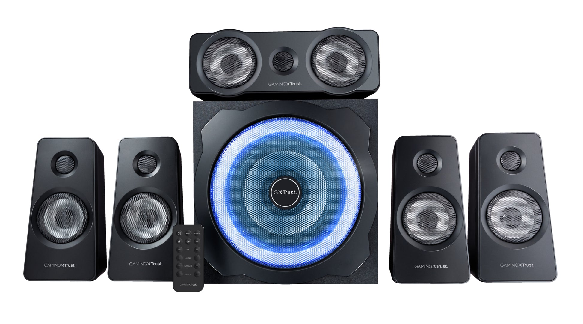 Trust GXT 658 Tytan – PC-Lautsprecher-Set – 5.1, 90 W, mit aktivem Subwoofer, 3,5 mm Klinke, Blau, Schwarz