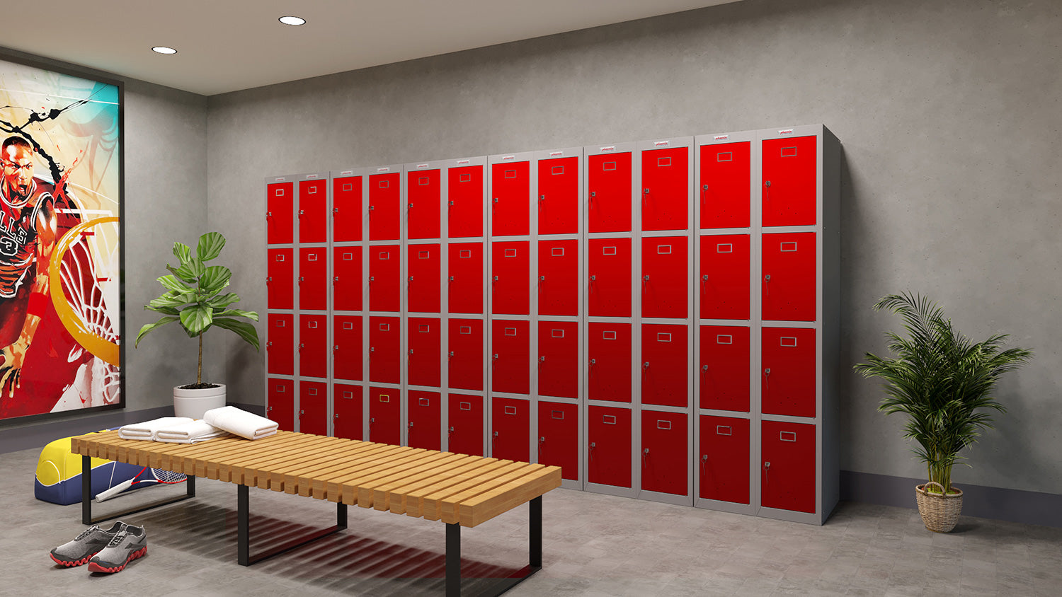 Phoenix Safe Co. PL1430 – Spind, 4 Türen, abschliessbar, 300 × 500 × 1'830 mm, Grau/Rot, Stahl