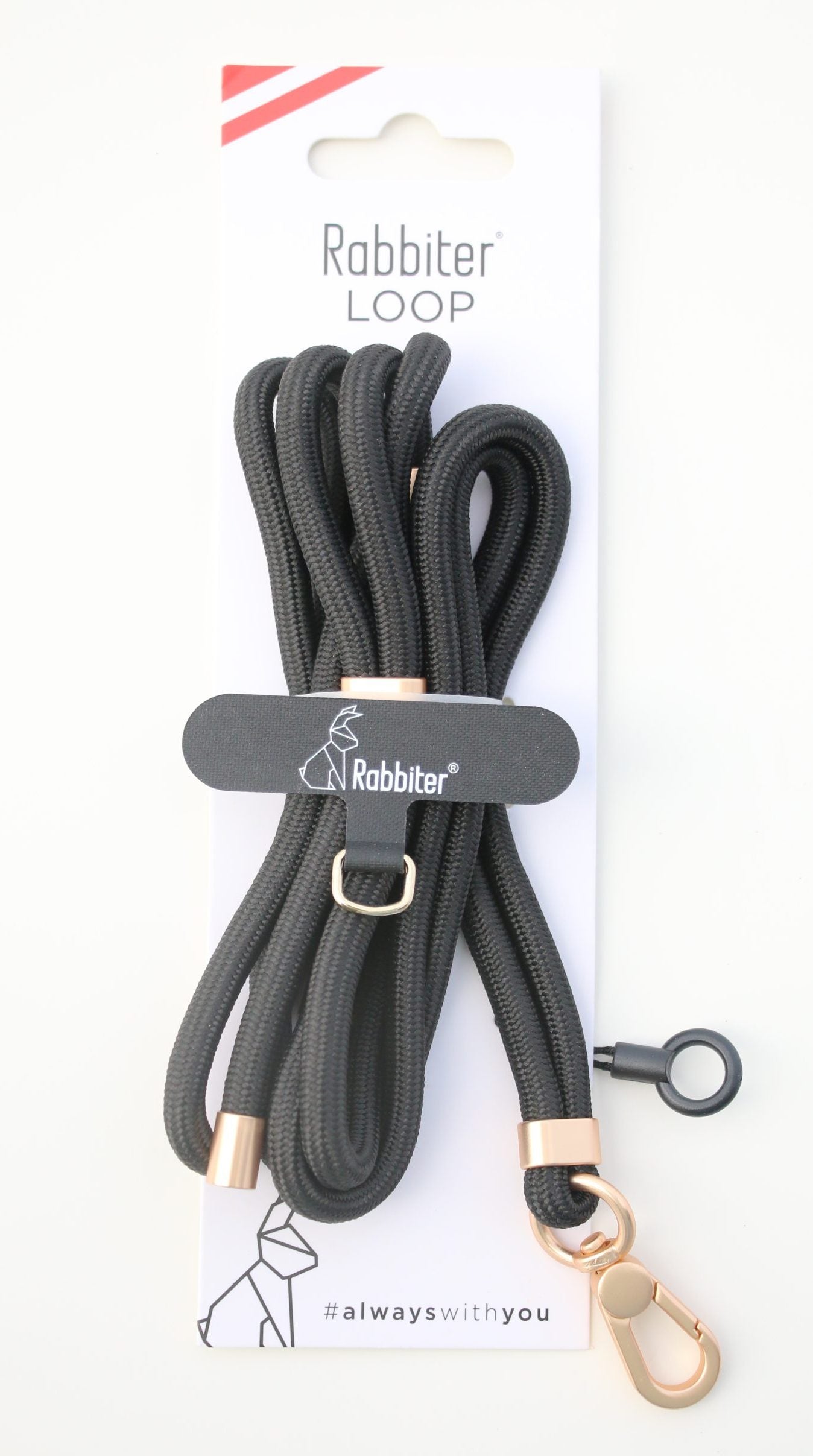 Rabbiter Handschlaufe – für Smartphone – schwarz, gold, recyceltes Polyester, 80 cm