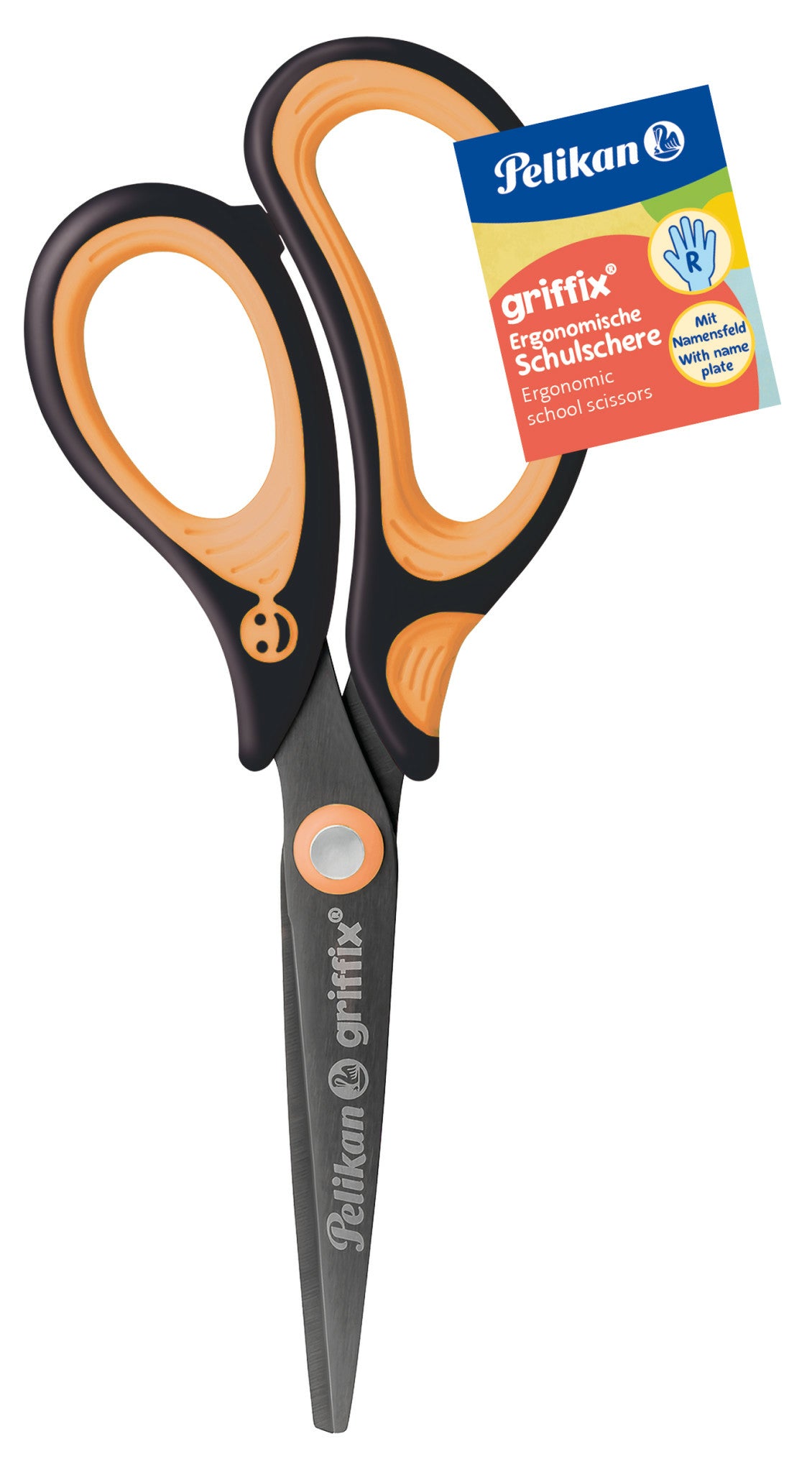 Pelikan Griffix Kinderschere – ergonomischer Griff, Namensschild, Schwarz/Orange