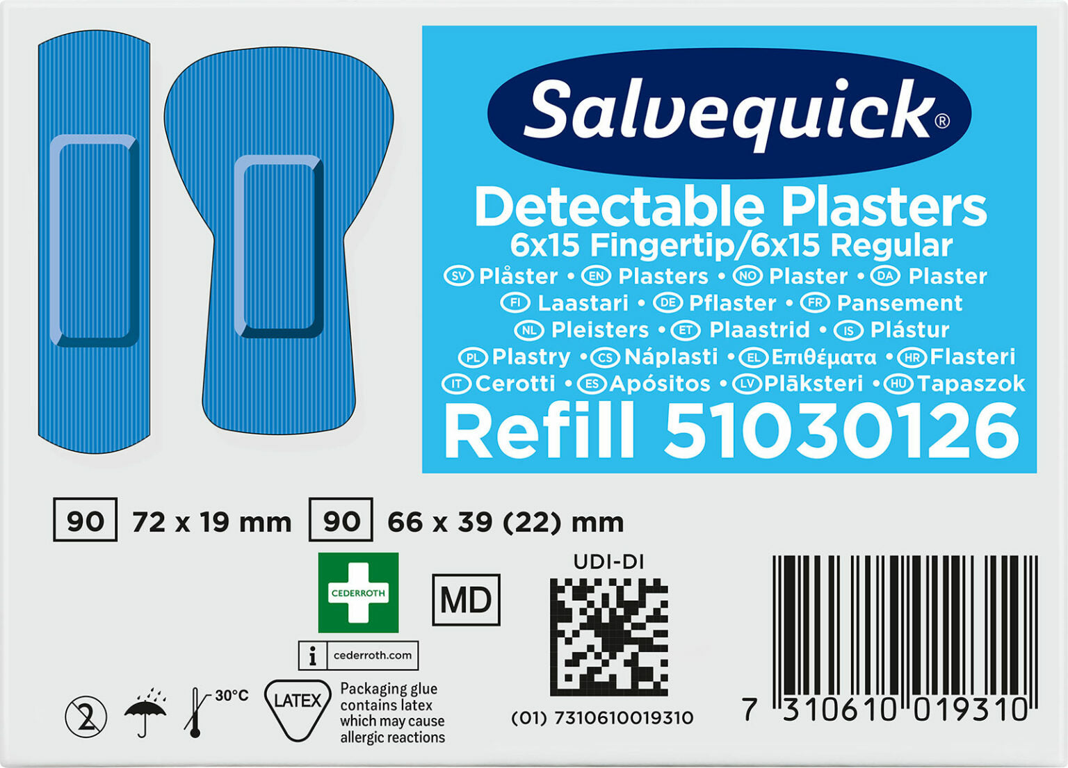 Cederroth Salvequick Fingerkuppen-Pflaster Nachfüllpackung – detektierbar – sortiert – 6 × 30 Stk.