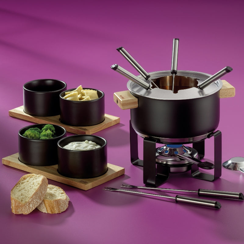 Kela Fondue-Set – Ø 20 cm, Edelstahl, für Fondue Bourguignonne, Glaskeramik, Schwarz, 6 Personen, 16 Teile