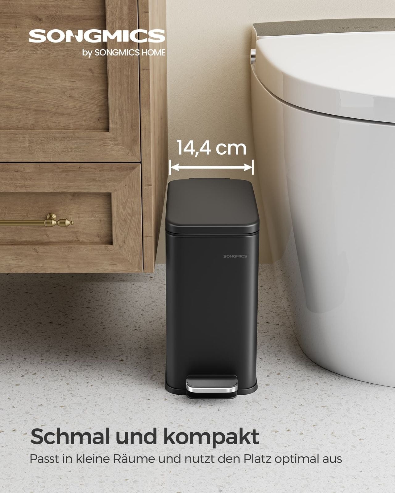 Songmics Tisch-Abfallbehälter – 5 l, mit Deckel, Stahl, schwarz – B × H × T 144 × 290 × 299 mm