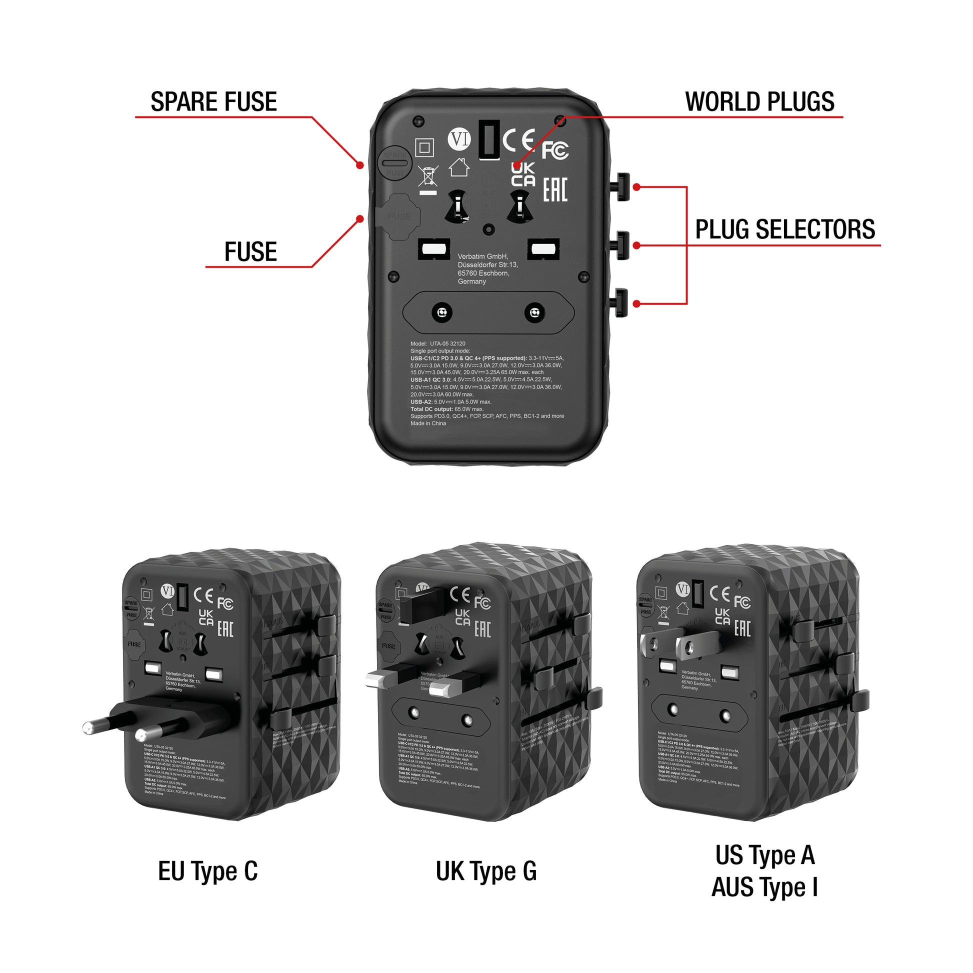 Verbatim Reiseadapter – UTA-05 GaN III Universal, PD 65 W, QC 4+, 2× USB-A, 2× USB-C, Schwarz