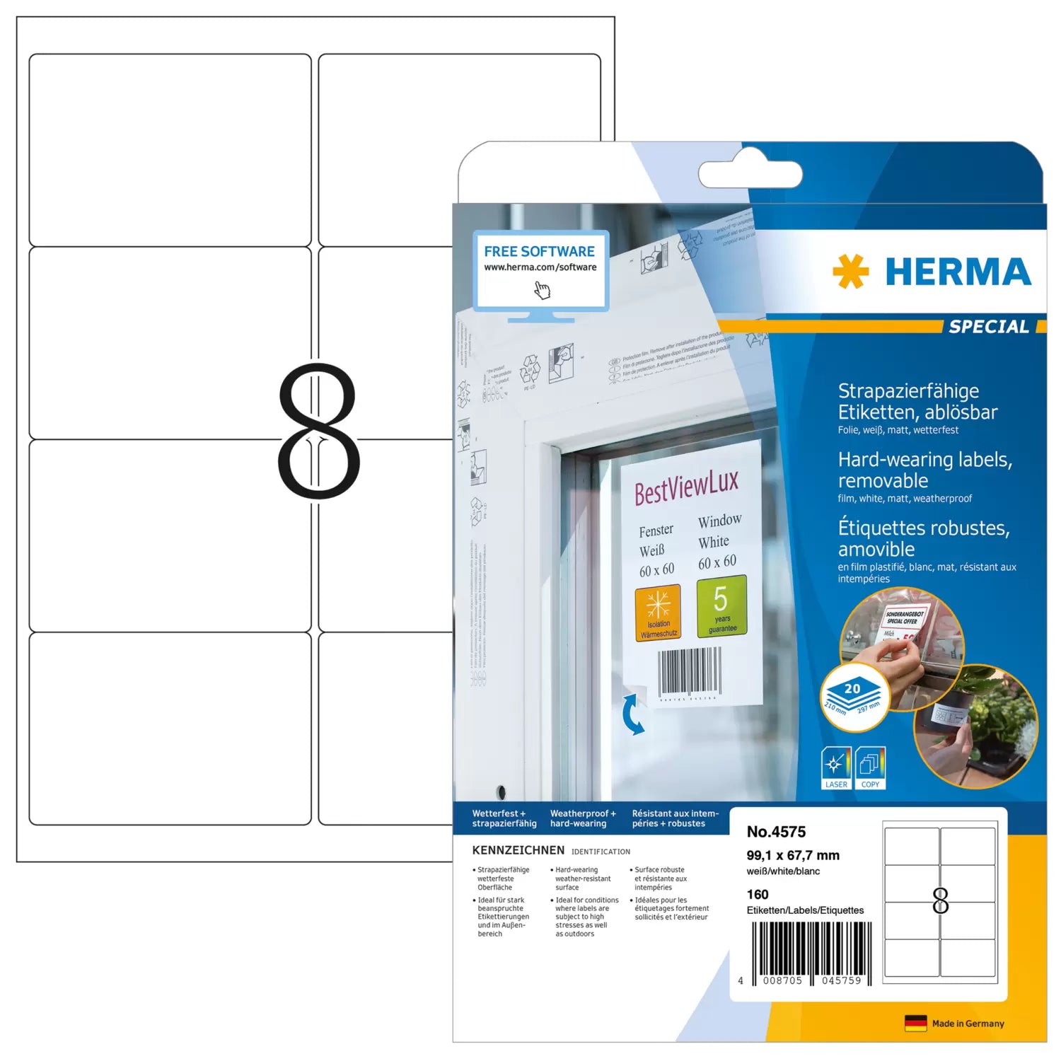 HERMA Druckeretiketten, 99 mm × 68 mm, weiss, Folie, extra stark, 20 Blatt (160 Etiketten)