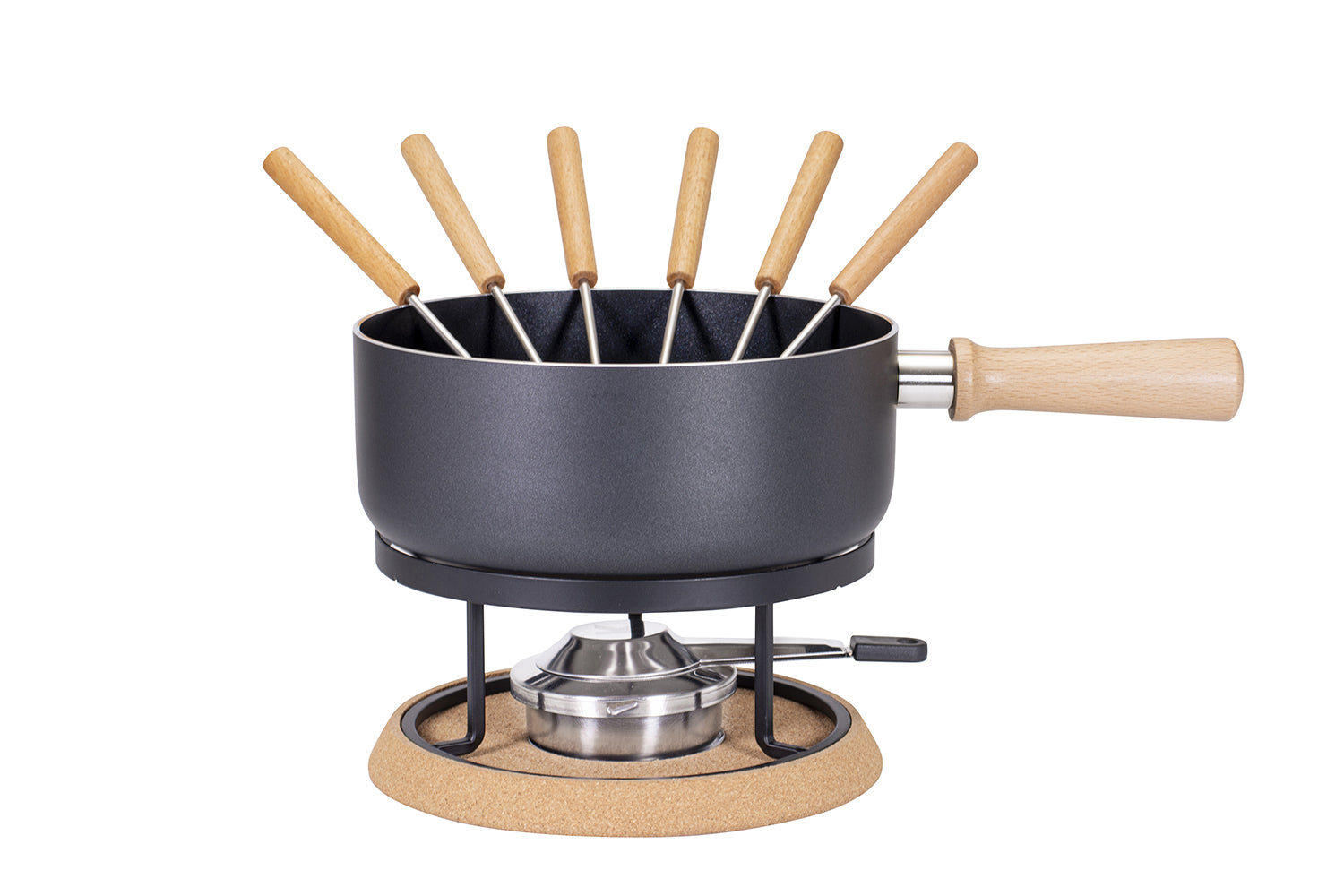 Kadastar Fondue-Set Bernina – Aluminiumguss, 2 l, 6 Gabeln, Pastenbrenner – schwarz/Holz