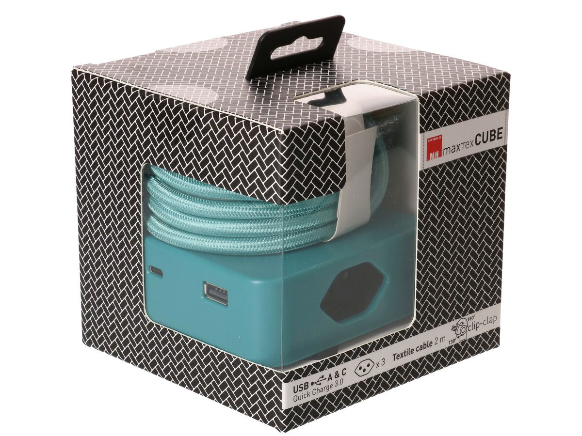 maxTEX Cube Steckdosenleiste – 3× T13, USB‑A/C, 2 m, ohne Schalter, IP20, schwarz/türkis