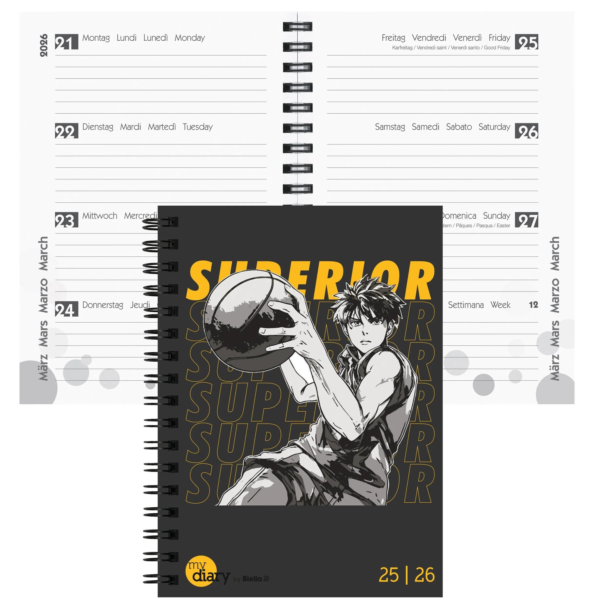 Biella mydiary Schüleragenda – 1 Woche/2 Seiten, Spiralbindung, 12 × 16,5 cm, Aug–Jul, Sport, FSC