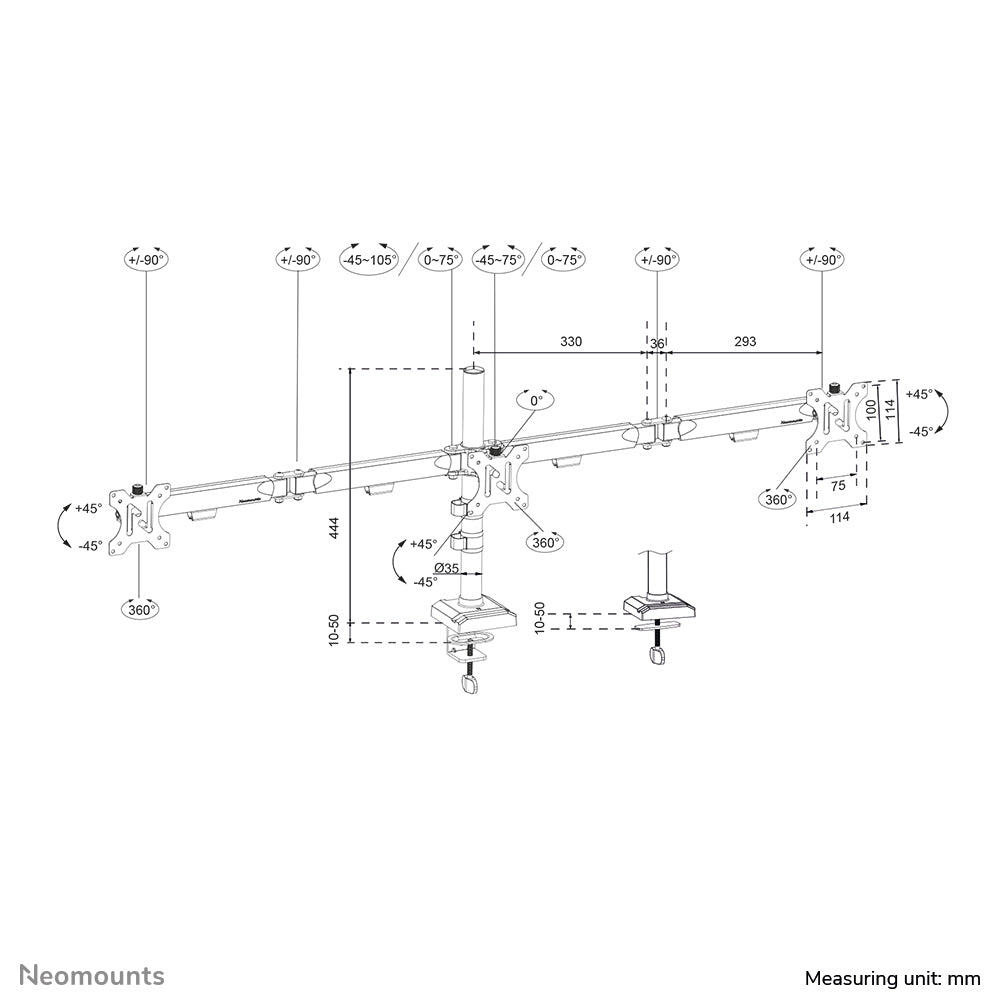 Neomounts NERO DS60-600BL3 – Monitorarm, 3 Monitore, Tischklemme, bis 27", VESA 75 × 75/100 × 100 mm, 6 kg