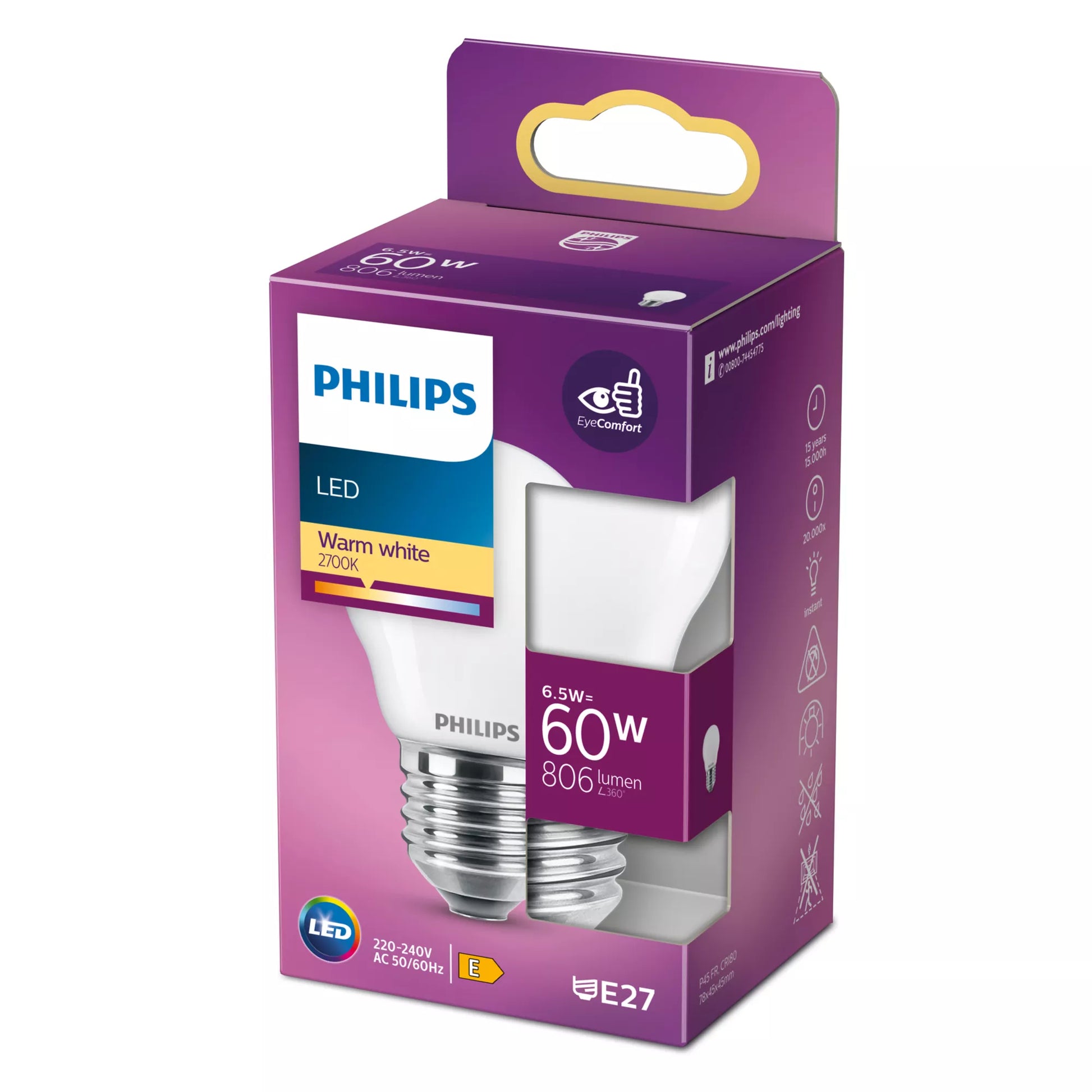 Philips by Signify Philips Leuchtmittel E27 P45 – Warmweiss 2700 K, 806 lm, 6,5 W – IP20 – 1 Stk. – Weiss, Glas – LED classic