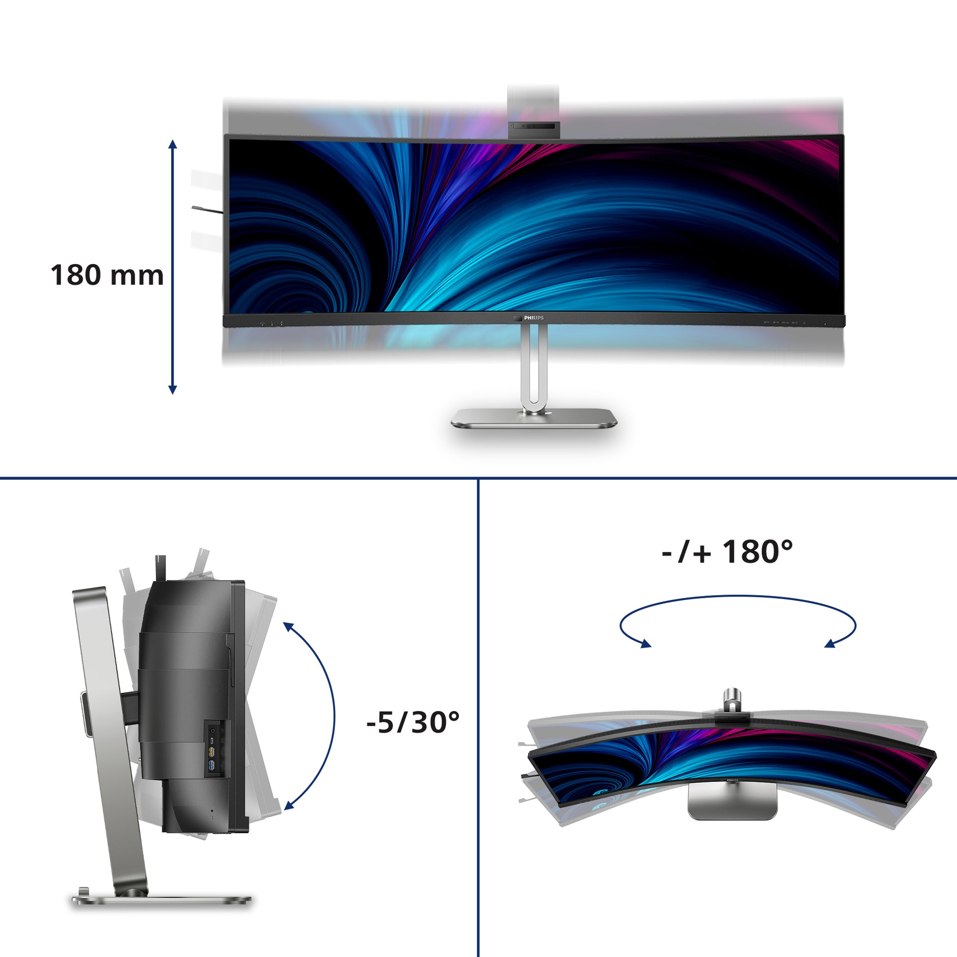 Philips 49B2U6903CH/00 – Monitor, 48,8" 5120 × 1440 (Dual QHD), VA, 450 cd/m², Webcam, Schwarz