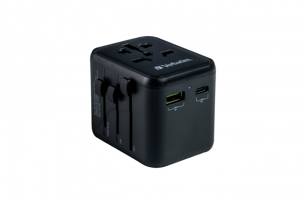 Verbatim Reiseadapter – 100–250 V, 2'500 W, 2x USB (PD20W) – von Typ A/B/C zu Typ E/F/G usw. – schwarz