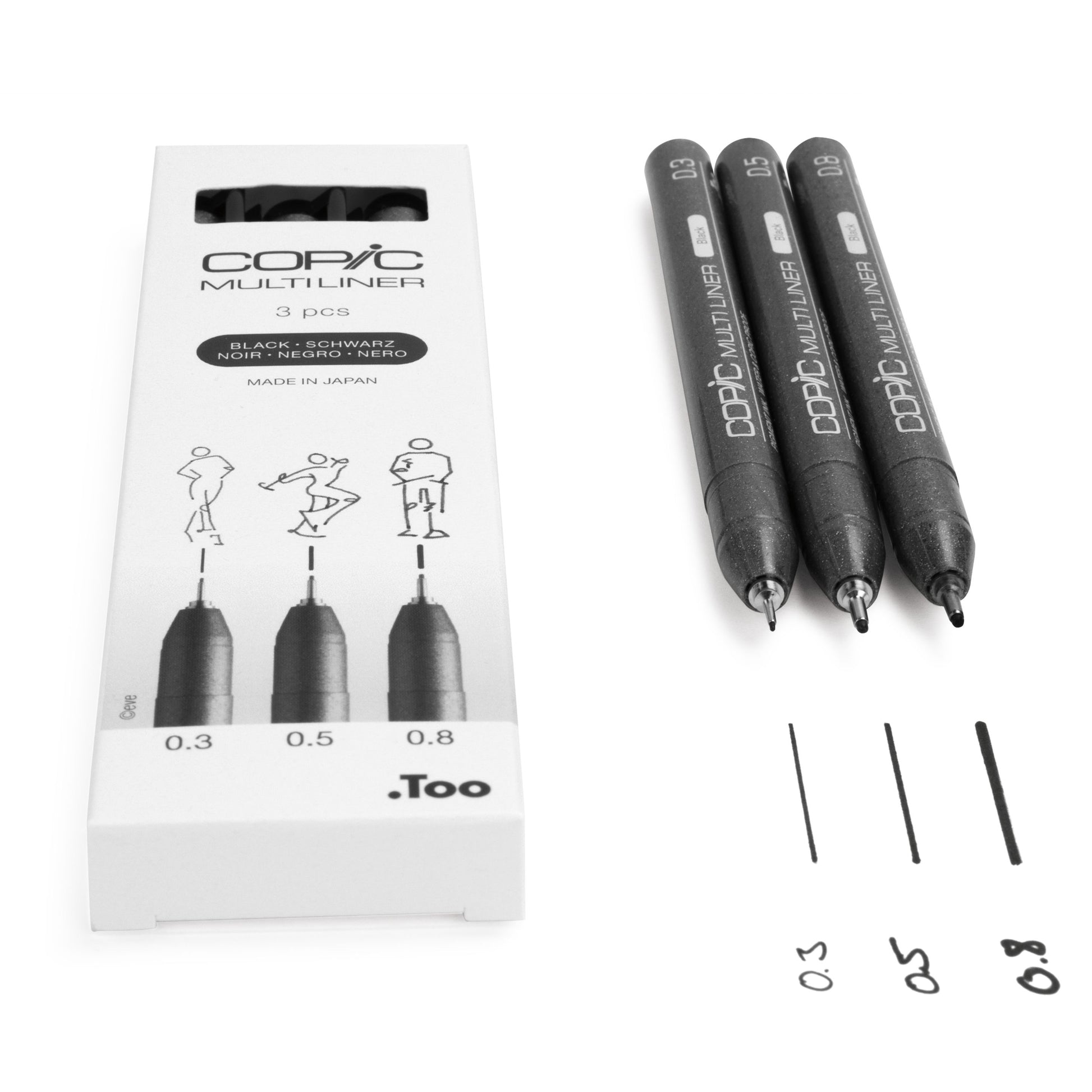 Copic Multiliner Fineliner Set – 3 Stk., 0,3–0,8 mm, schwarz, wasserfest