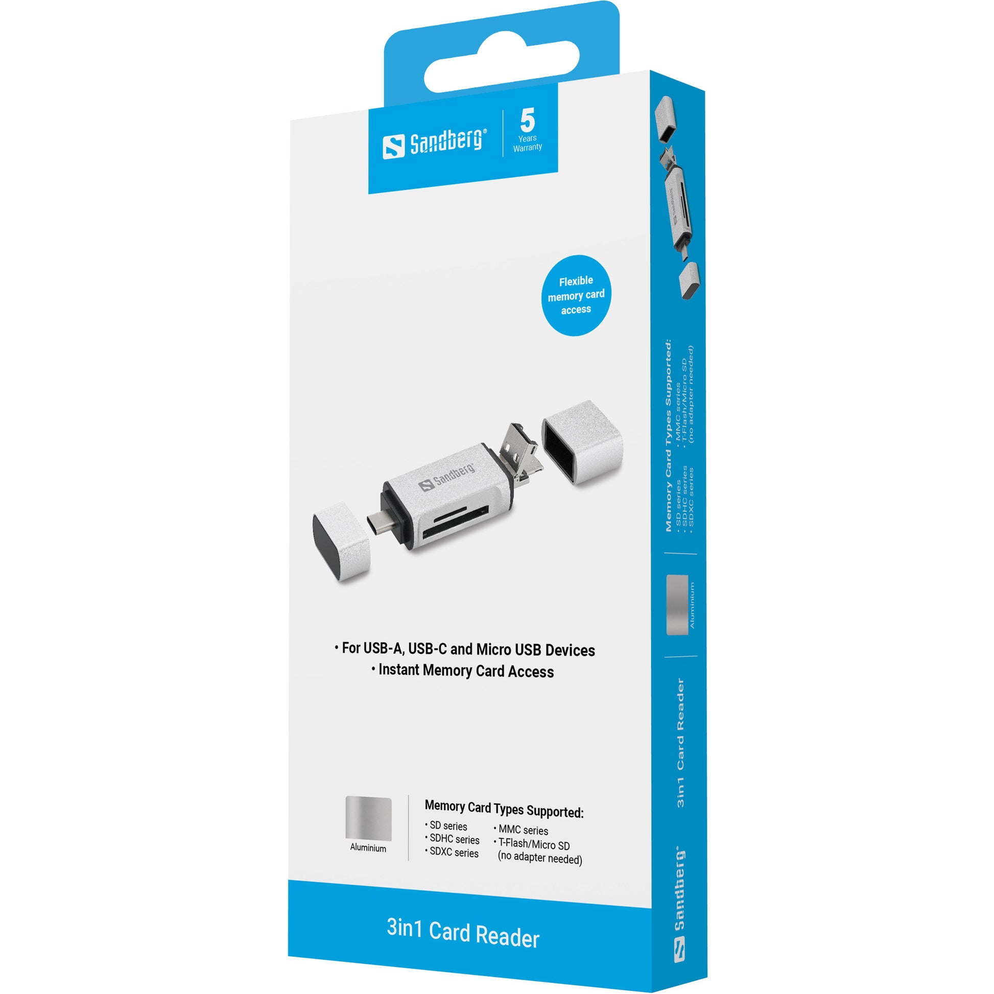 Sandberg USB-Kartenleser USB-C/USB-A/Micro-USB – SD, microSD – USB 3.2 Gen 1 (5 Gbit/s) – Silber