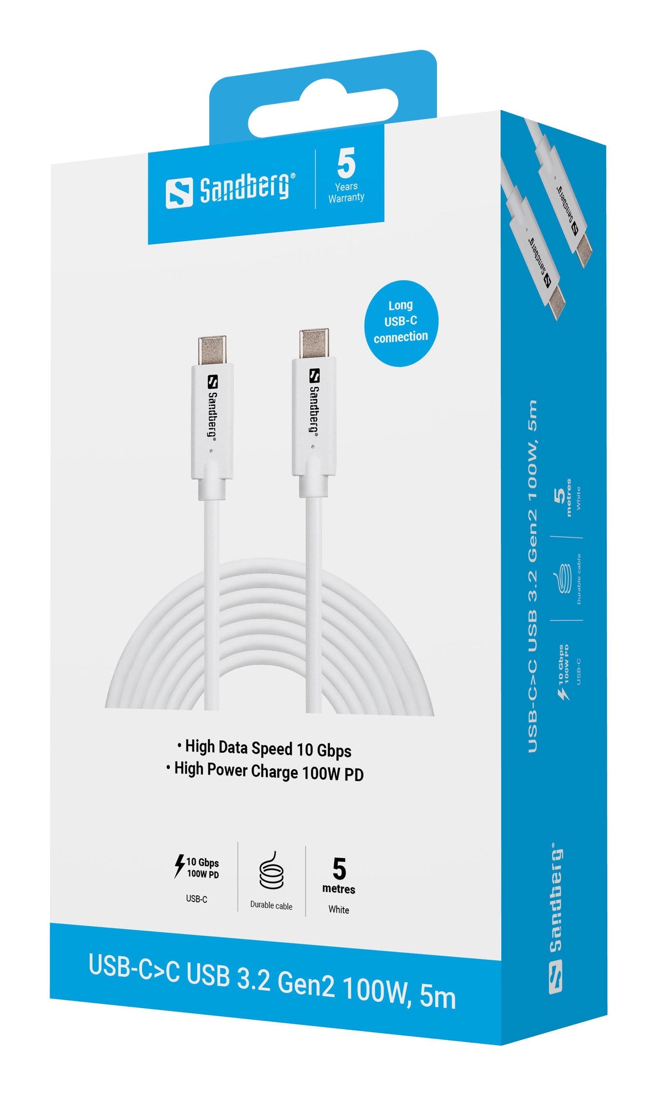 Sandberg USB-C auf USB-C Kabel – USB 3.2 Gen 2 (10 Gbit/s) – 5 m – PD 100 W – Weiss