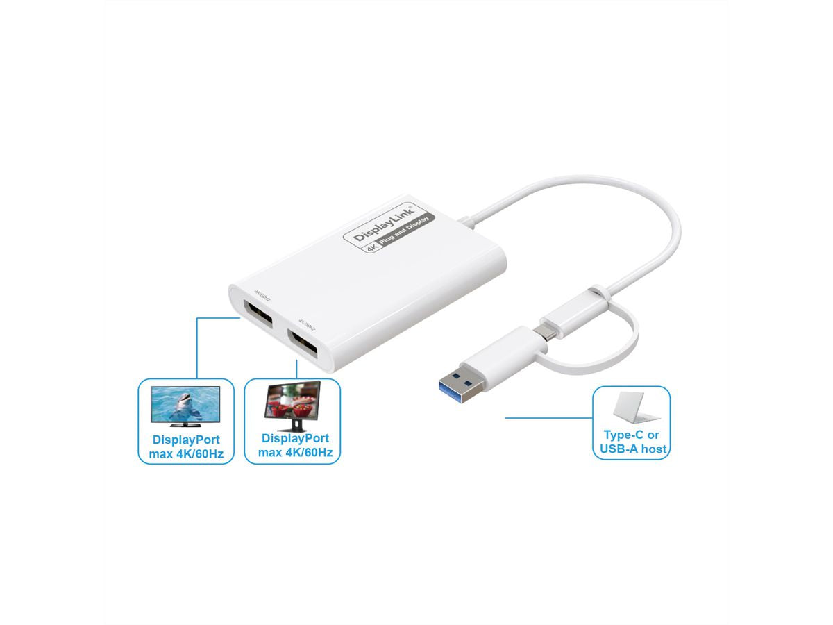 ROLINE Multi-Monitor-Adapter USB-A/USB-C zu DisplayPort – 4K (3840 × 2160) @ 60 Hz, 2× DP, USB 3.2 Gen 1