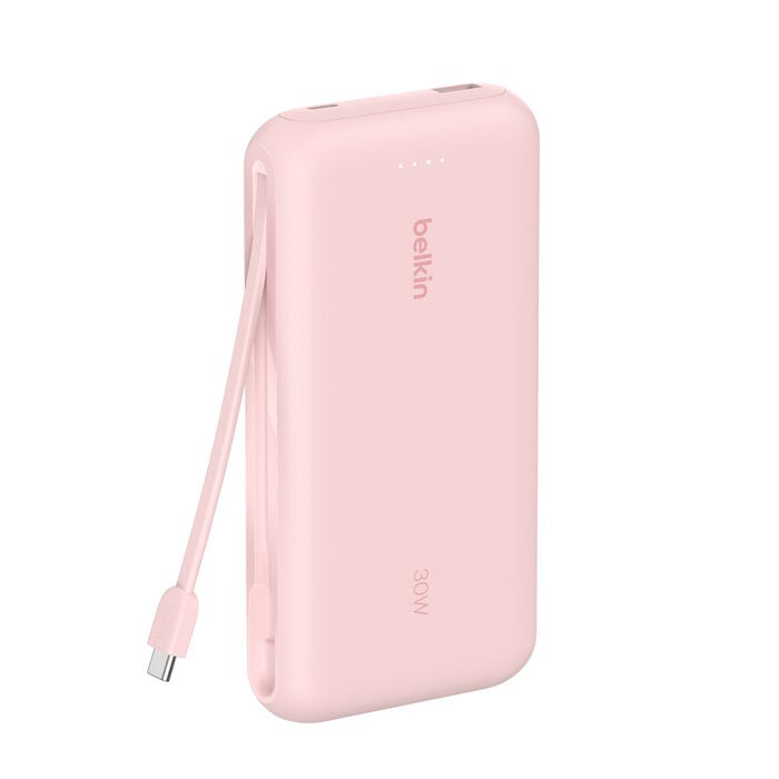 Belkin Powerbank 20000 mAh, PD 30 W, mit integriertem USB-C-Kabel, Pink