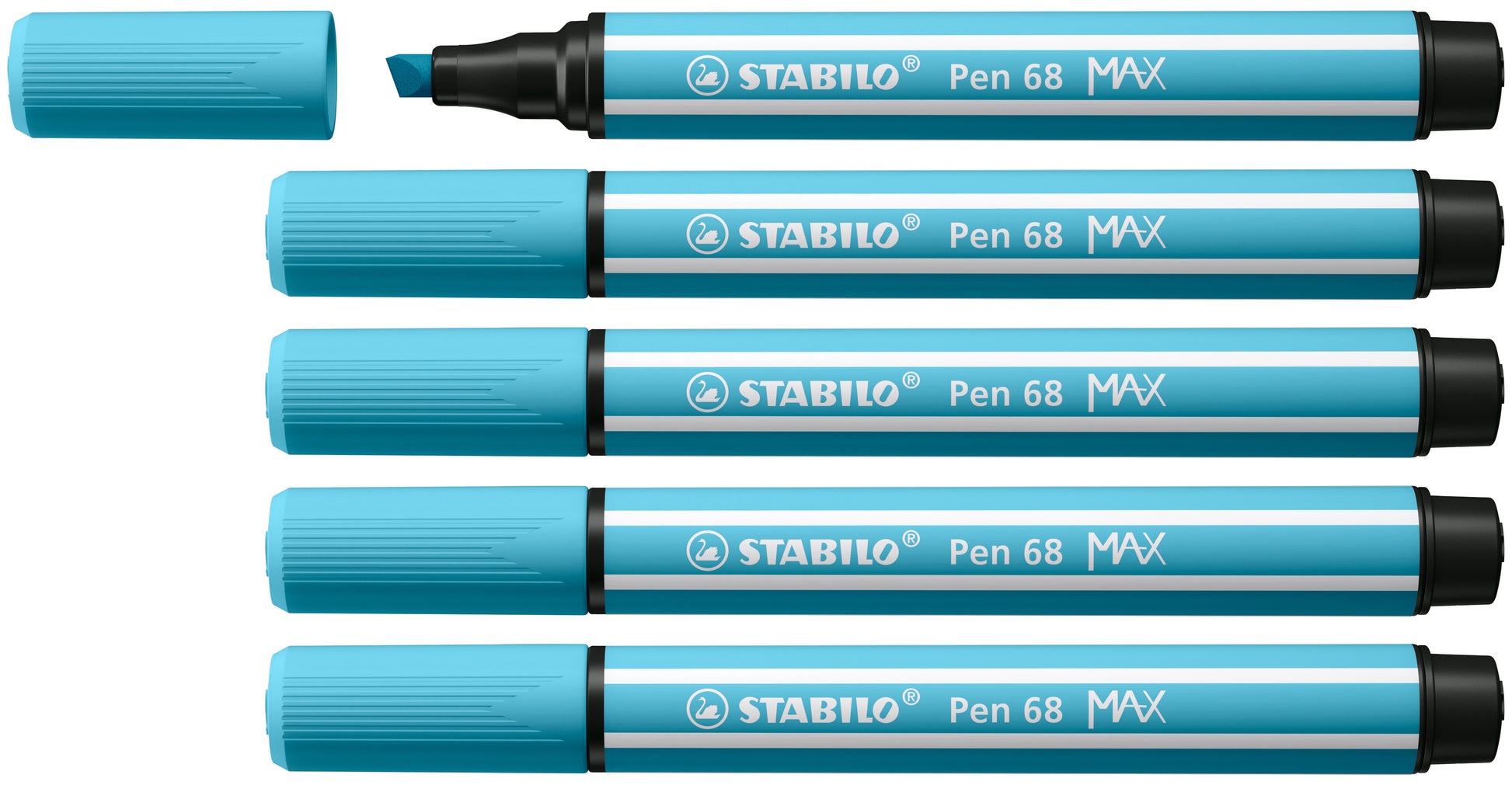 STABILO Pen 68 MAX Filzstift, Doppelspitze – Kombi (Keil/Fein), 1 + 5 mm, wasservermalbar, Azurblau, 5er Set