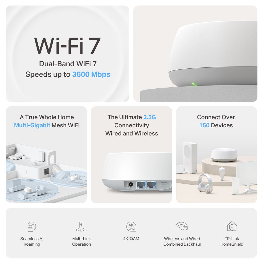 TP-Link DECO BE25 – Mesh-System – Wi-Fi 7 (2,4/5 GHz), 2,9 Gbit/s, 2×2.5GbE, 3er-Pack, Weiss