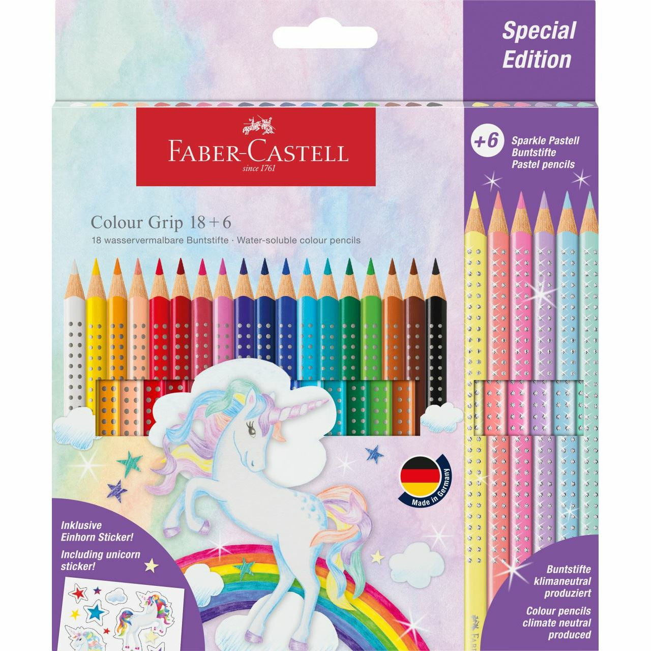 Faber-Castell Colour GRIP Einhorn Aquarellfarbstifte – 24 Stk., ergonomisch, waschbar, Karton, mit Aufklebern
