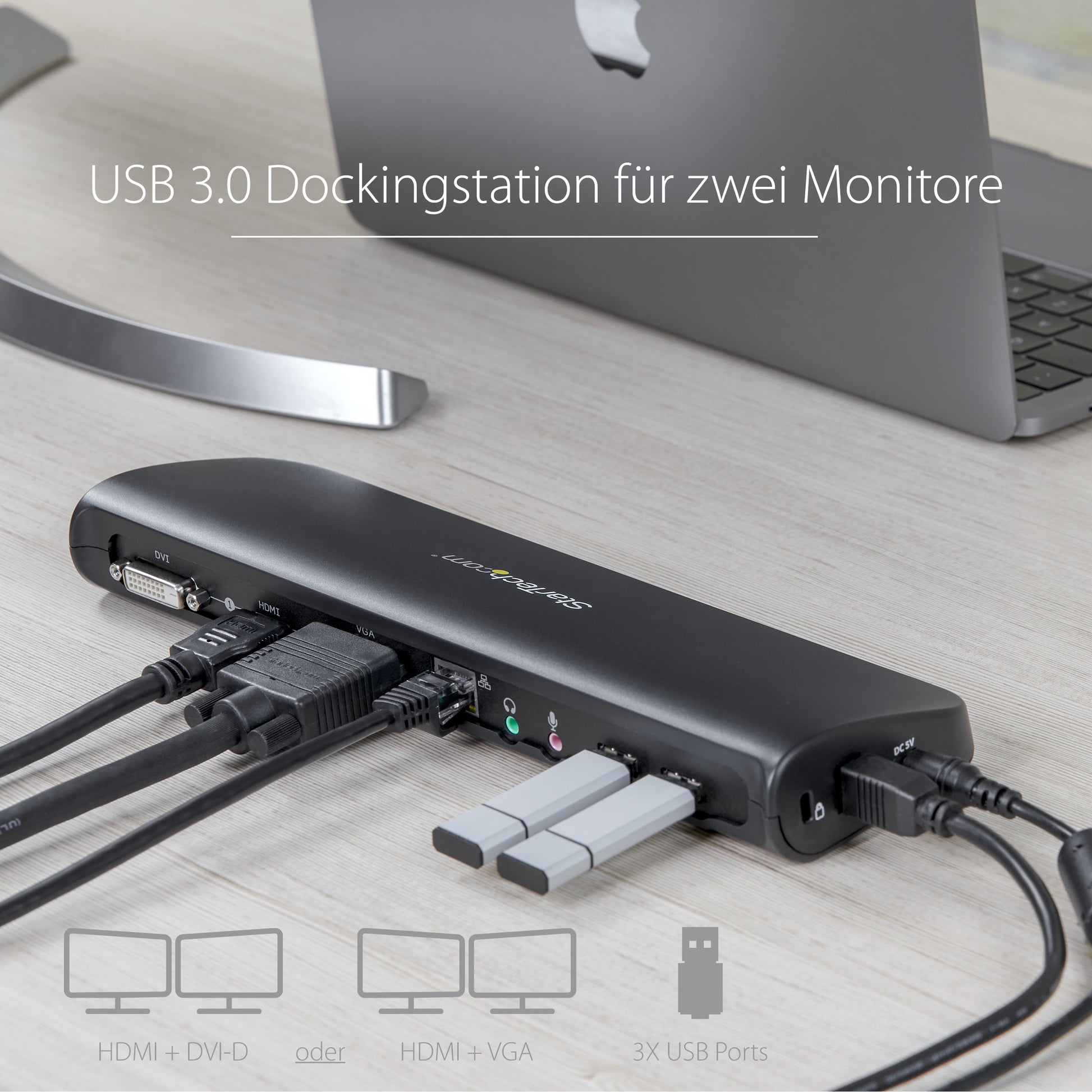 StarTech.com Dockingstation – USB-A, HDMI/VGA/DVI, GbE, 3,5 mm Audio, für Windows/Mac