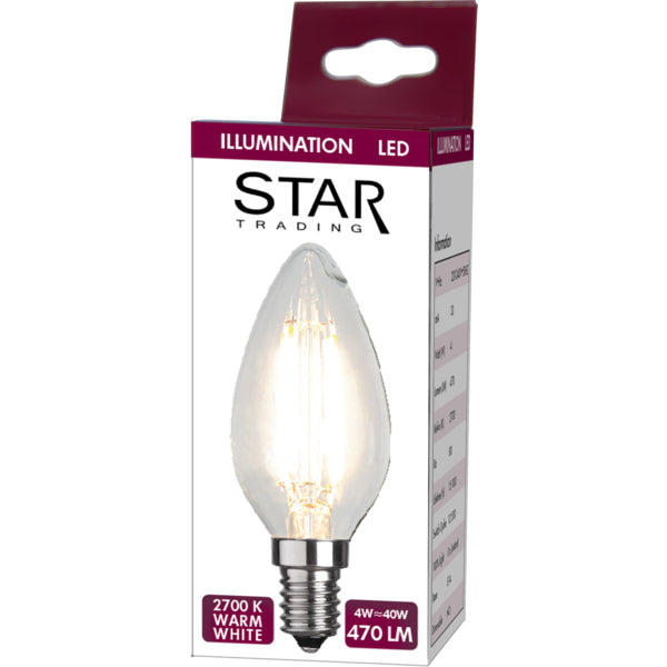 Star Trading LED-Leuchtmittel E14 C35 – Warmweiss 2700 K, 470 lm, 4 W – Transparent, Glas