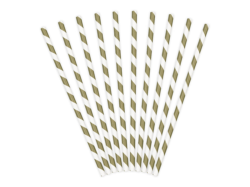 PartyDeco Papierstrohhalme, gestreift, 19,5 cm, weiss/gold – 10 Stk.