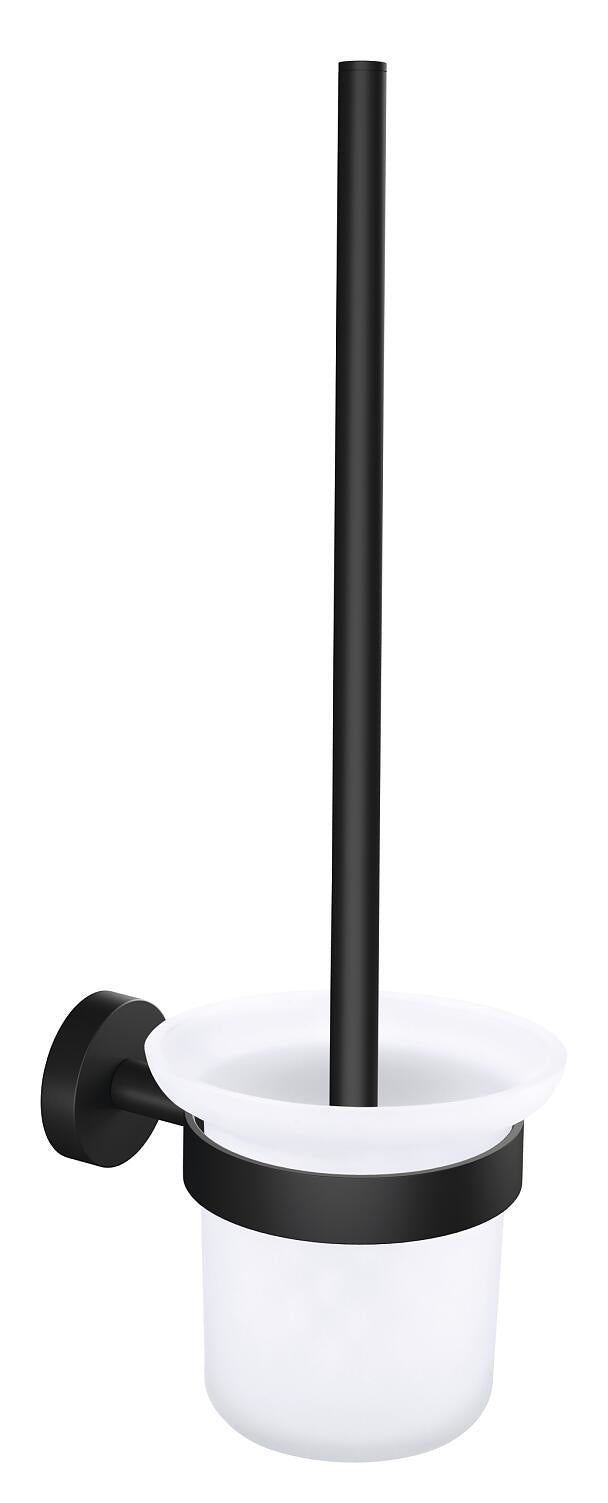TESA WC-Bürstenset – Metall, Glas, Schwarz, Wandmontiert, Klebend, Kopf Austauschbar, H 37,9 cm