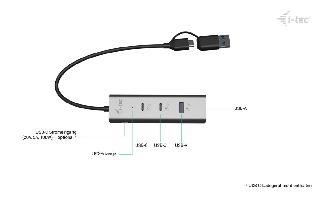i-tec Universeller Ladender Metall USB-Hub – USB-C/USB-A, 2× USB-A, 2× USB-C, 85 W PD, für Windows/Mac/ChromeOS